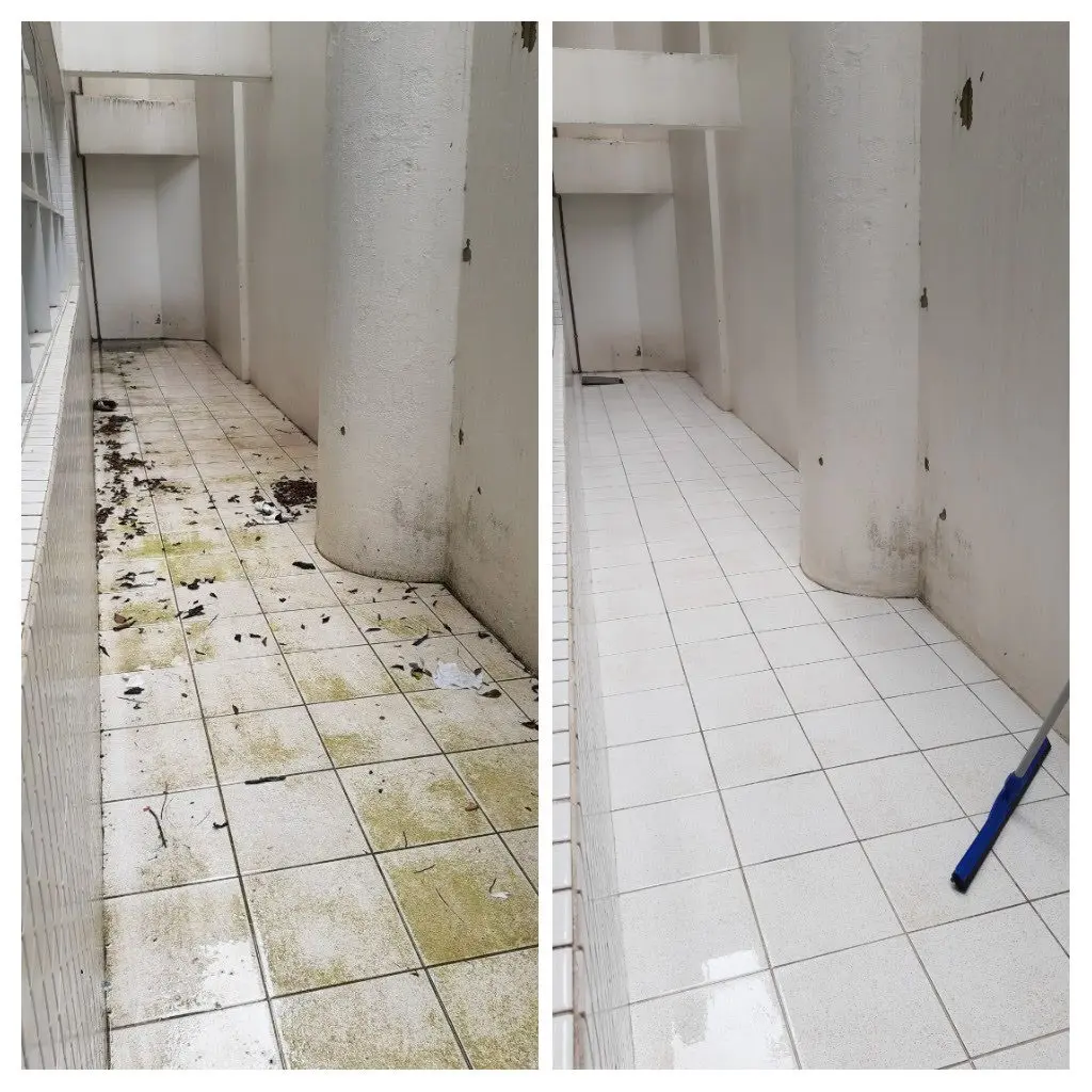 Limpeza e desincrustação de piso externo - antes e depois