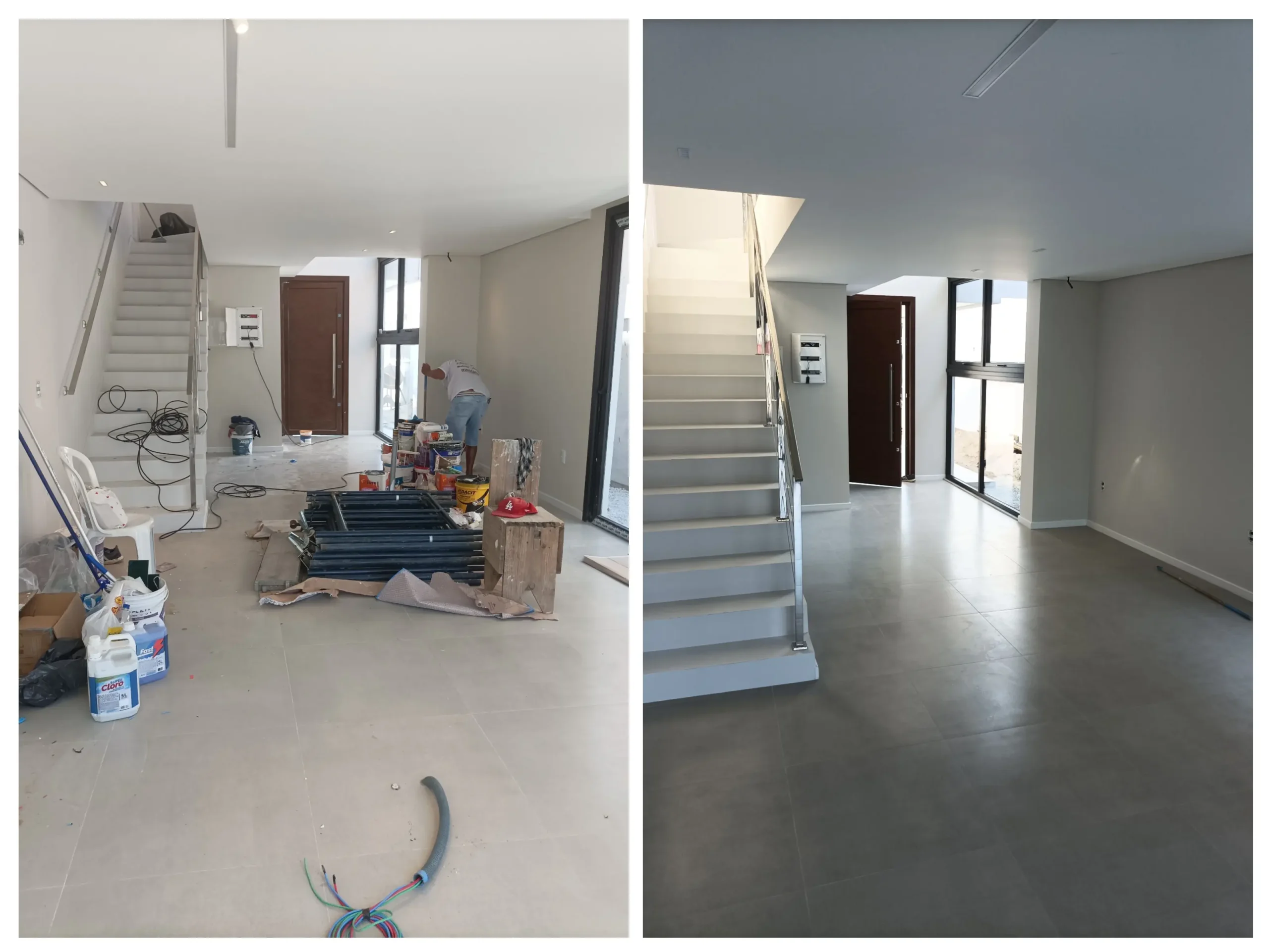 Limpeza pós-obra de porcelanato em residência em Criciúma - antes e depois